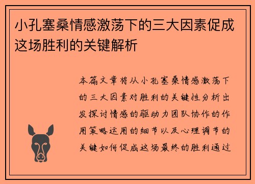 小孔塞桑情感激荡下的三大因素促成这场胜利的关键解析
